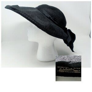 Vintage Madeleine Black Hat Cartwheel Nylon Bow